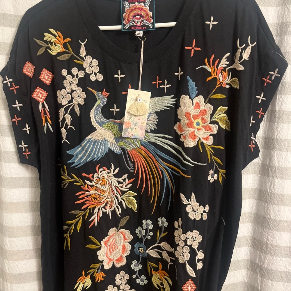 Johnny Was Black Top with Colorful Embroidery